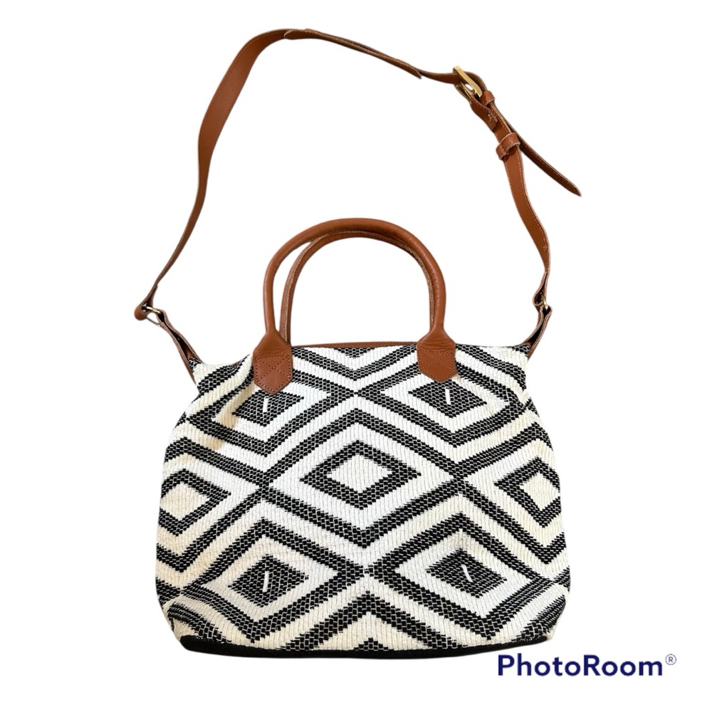 Tribe Alive geometric black white tan canvas textured fabric leather trim bag
